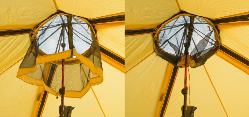 Two pictures of a Modular Shelter from inside, with Insect Ceiling open and closed.